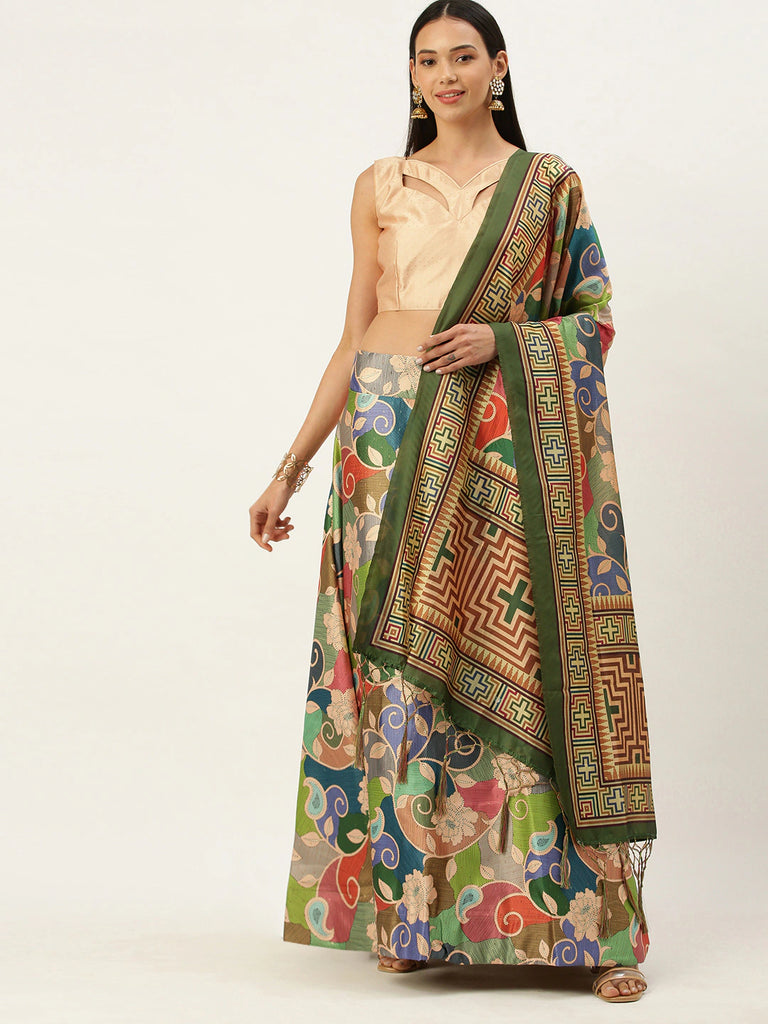 Women's Digital Print Shiney Satin Semistitched Lehenga Choli With Unstitched Blouse And Thred Work Dupatta