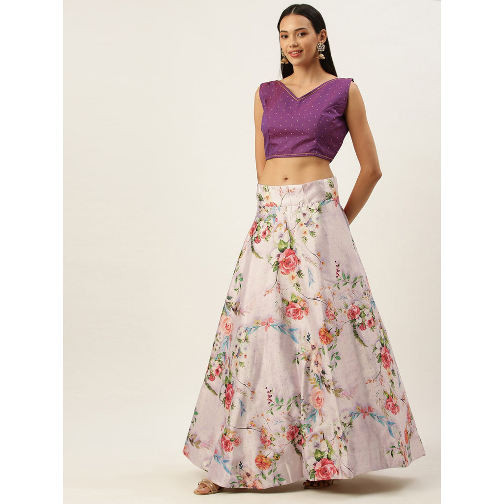 Women's Digital Print Shiney Satin Semistitched Lehenga Choli With Unstitched Blouse And Thred Work Dupatta