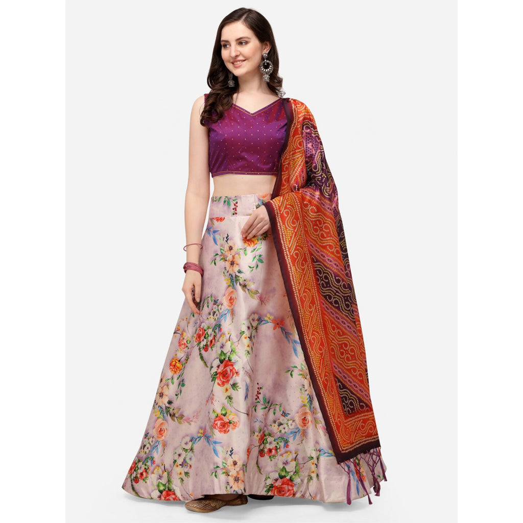 Women's Digital Print Shiney Satin Semistitched Lehenga Choli With Unstitched Blouse And Thred Work Dupatta