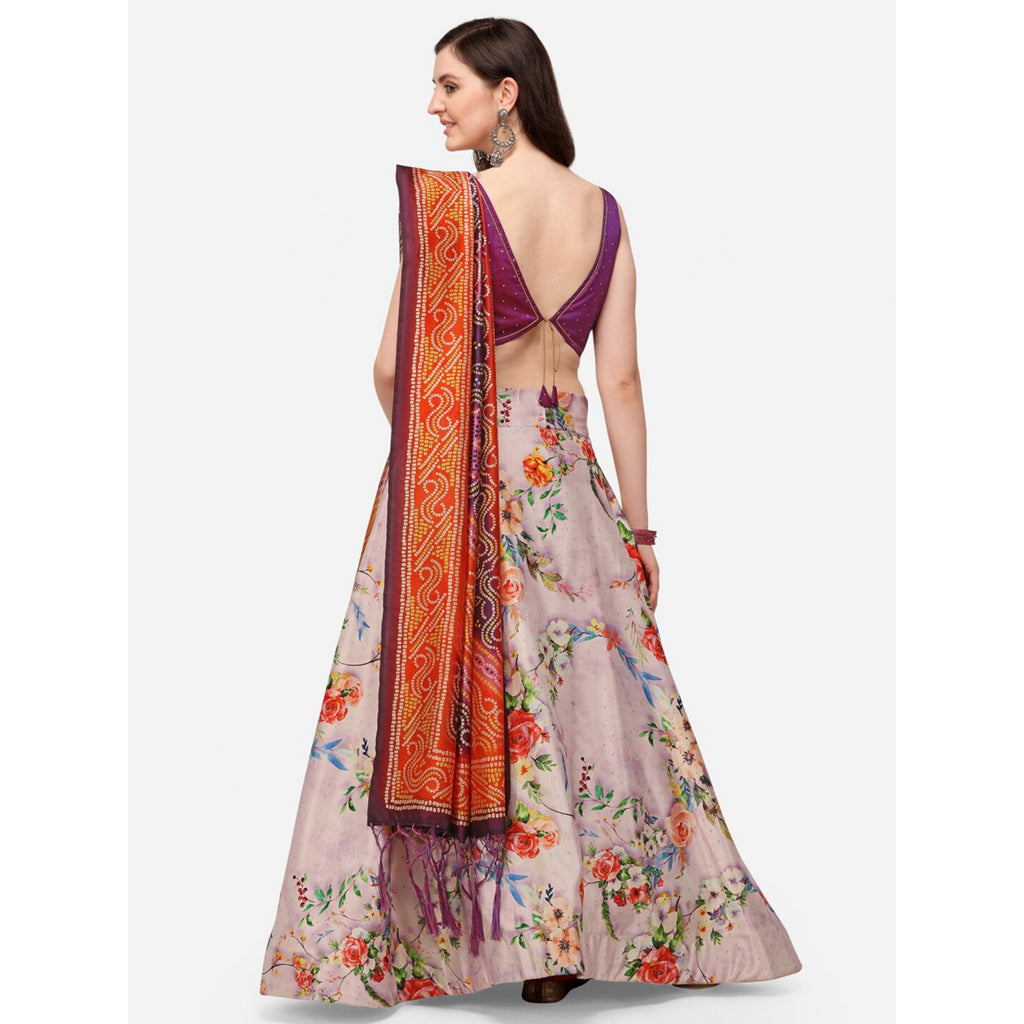 Women's Digital Print Shiney Satin Semistitched Lehenga Choli With Unstitched Blouse And Thred Work Dupatta