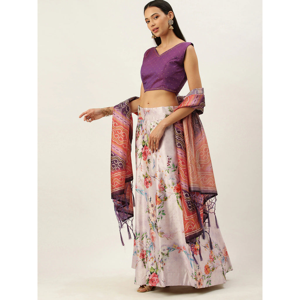 Women's Digital Print Shiney Satin Semistitched Lehenga Choli With Unstitched Blouse And Thred Work Dupatta