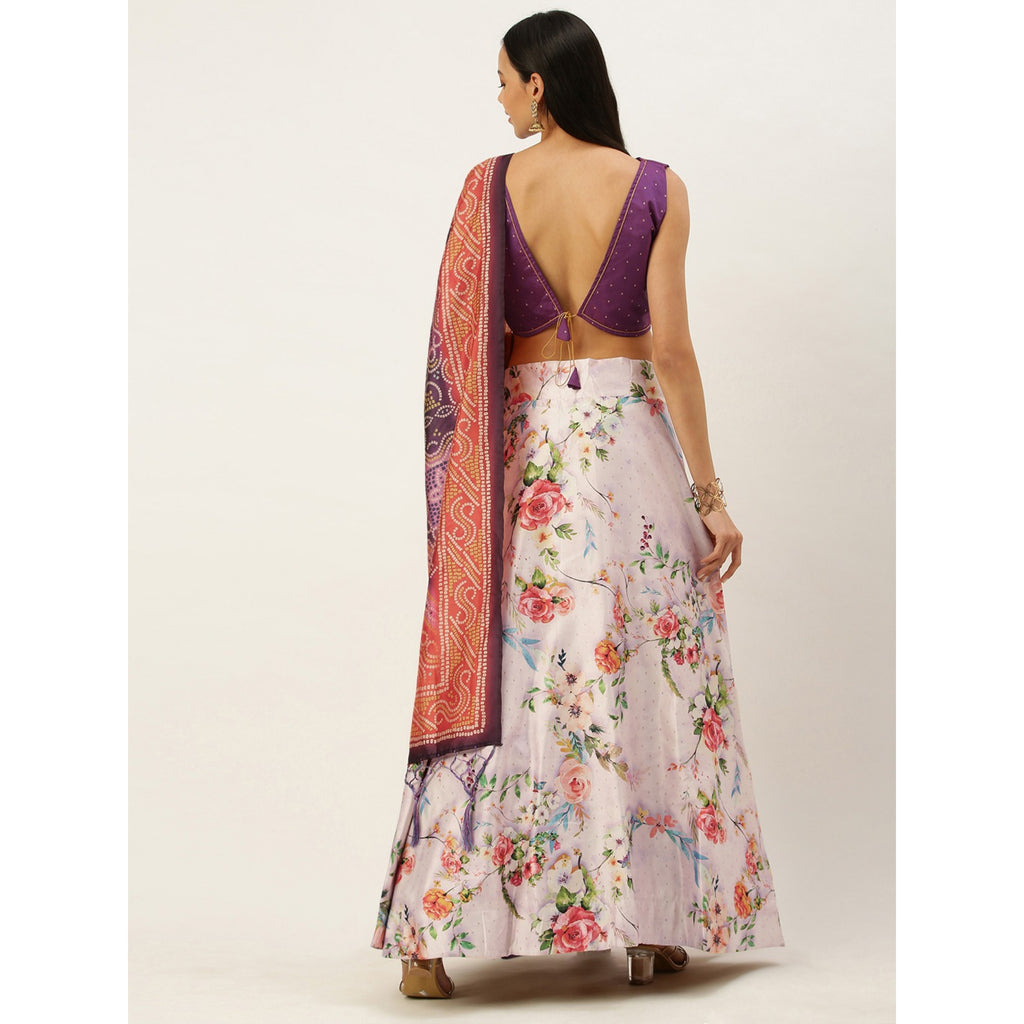 Women's Digital Print Shiney Satin Semistitched Lehenga Choli With Unstitched Blouse And Thred Work Dupatta