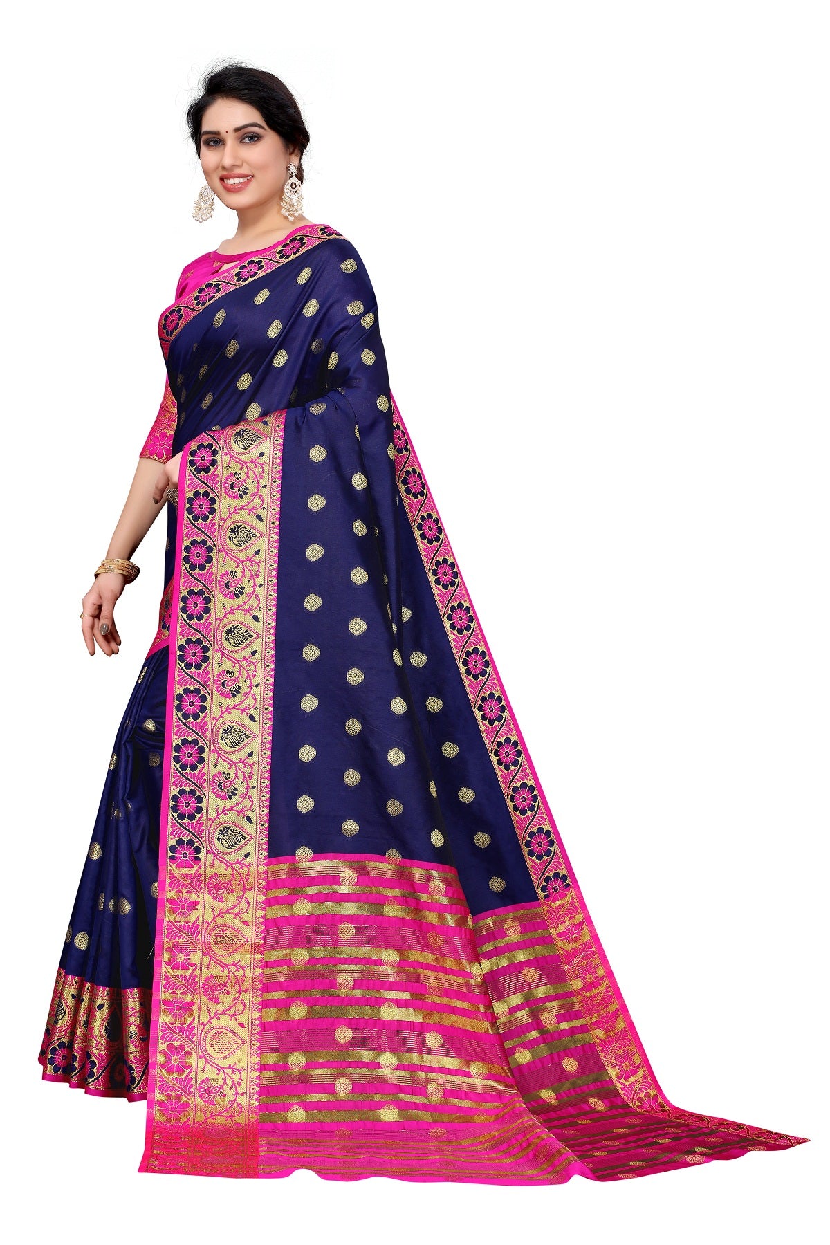 Women's Cotton Rich Silk With Jacquard Weaving Navy Blue Saree - Vamika