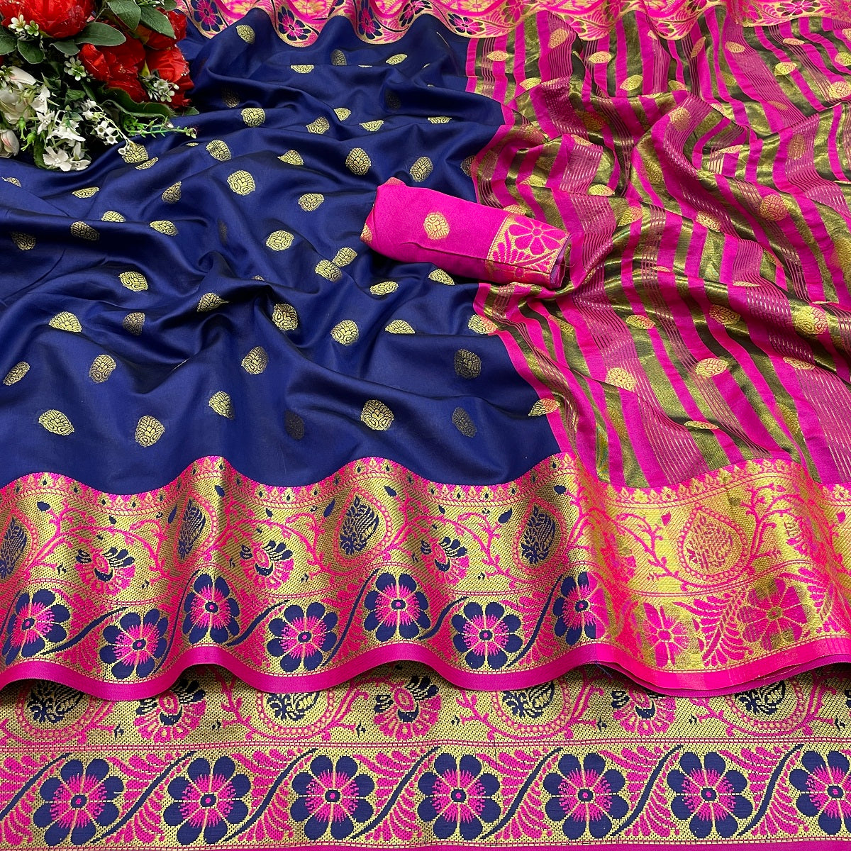 Women's Cotton Rich Silk With Jacquard Weaving Navy Blue Saree - Vamika