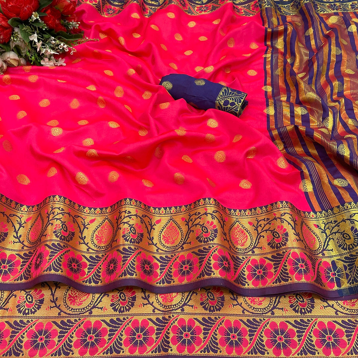 Women's Cotton Rich Silk With Jacquard Weaving Pink Saree - Vamika
