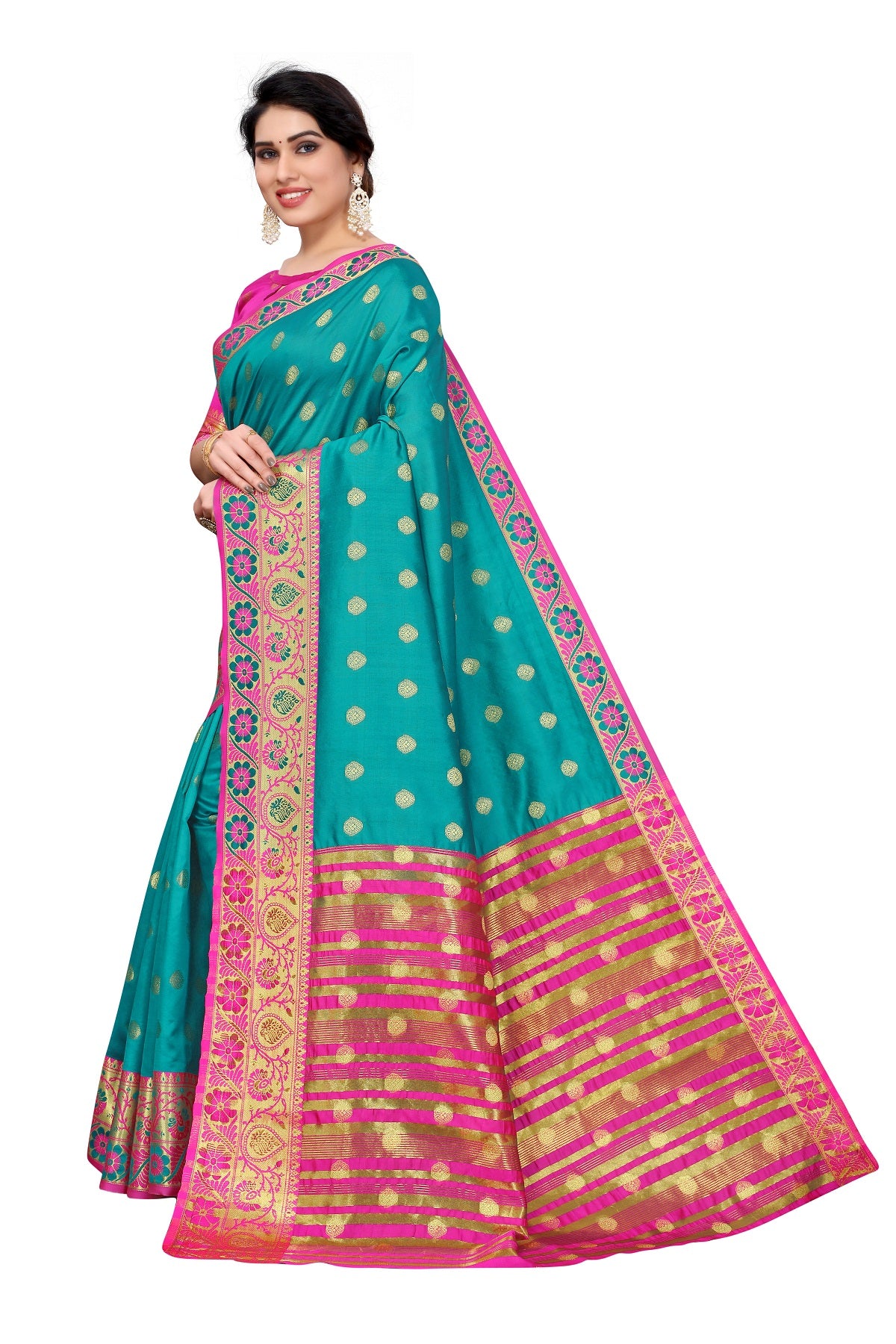 Women's Cotton Rich Silk With Jacquard Weaving Rama Green Saree - Vamika