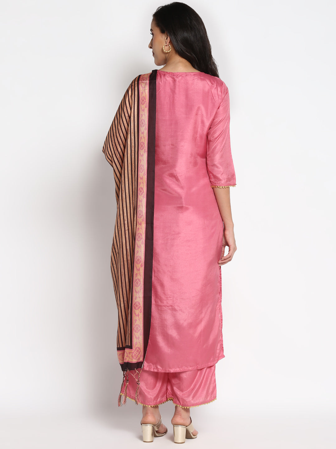 Women's Pink Color Silk Blend Straight Kurta Palazzo With Dupatta - VAABA