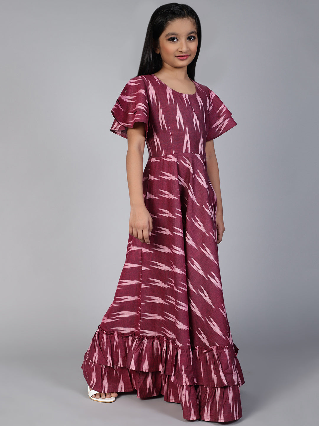 Girl's Burgundy Ikat Designed Flared Dress - Aks Girls