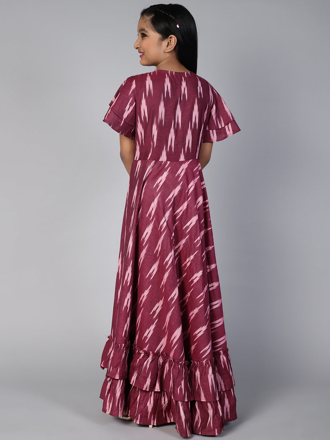 Girl's Burgundy Ikat Designed Flared Dress - Aks Girls