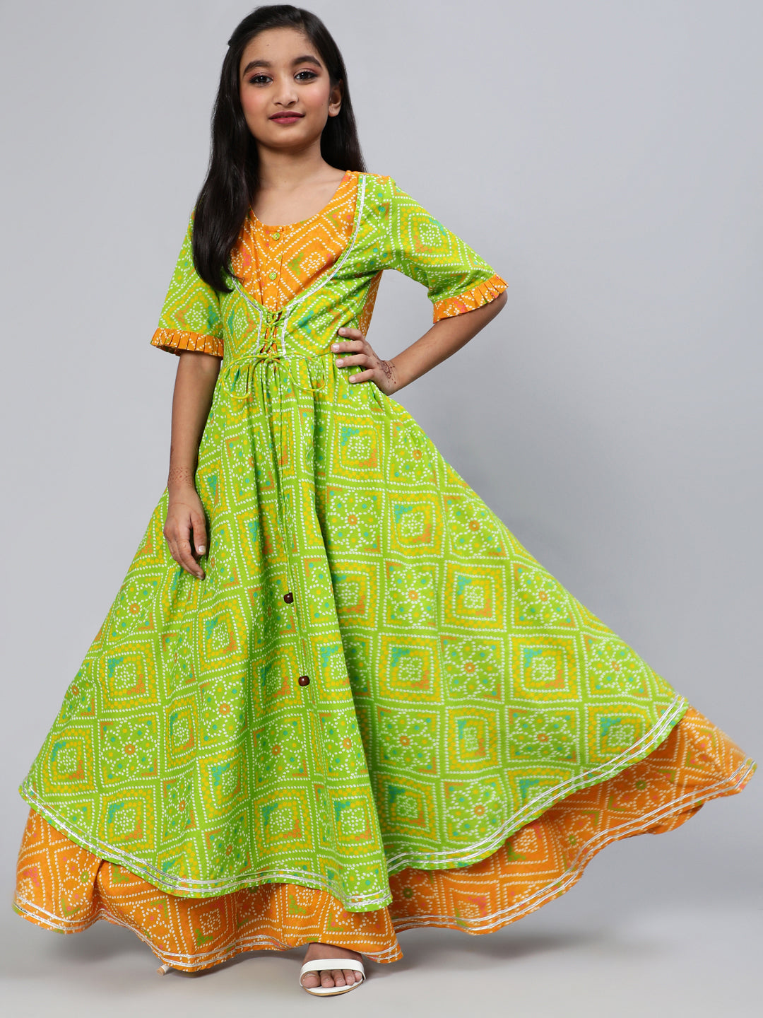 Girl's Green Bandhani Print Double Layered Maxi Dress - Aks Girls