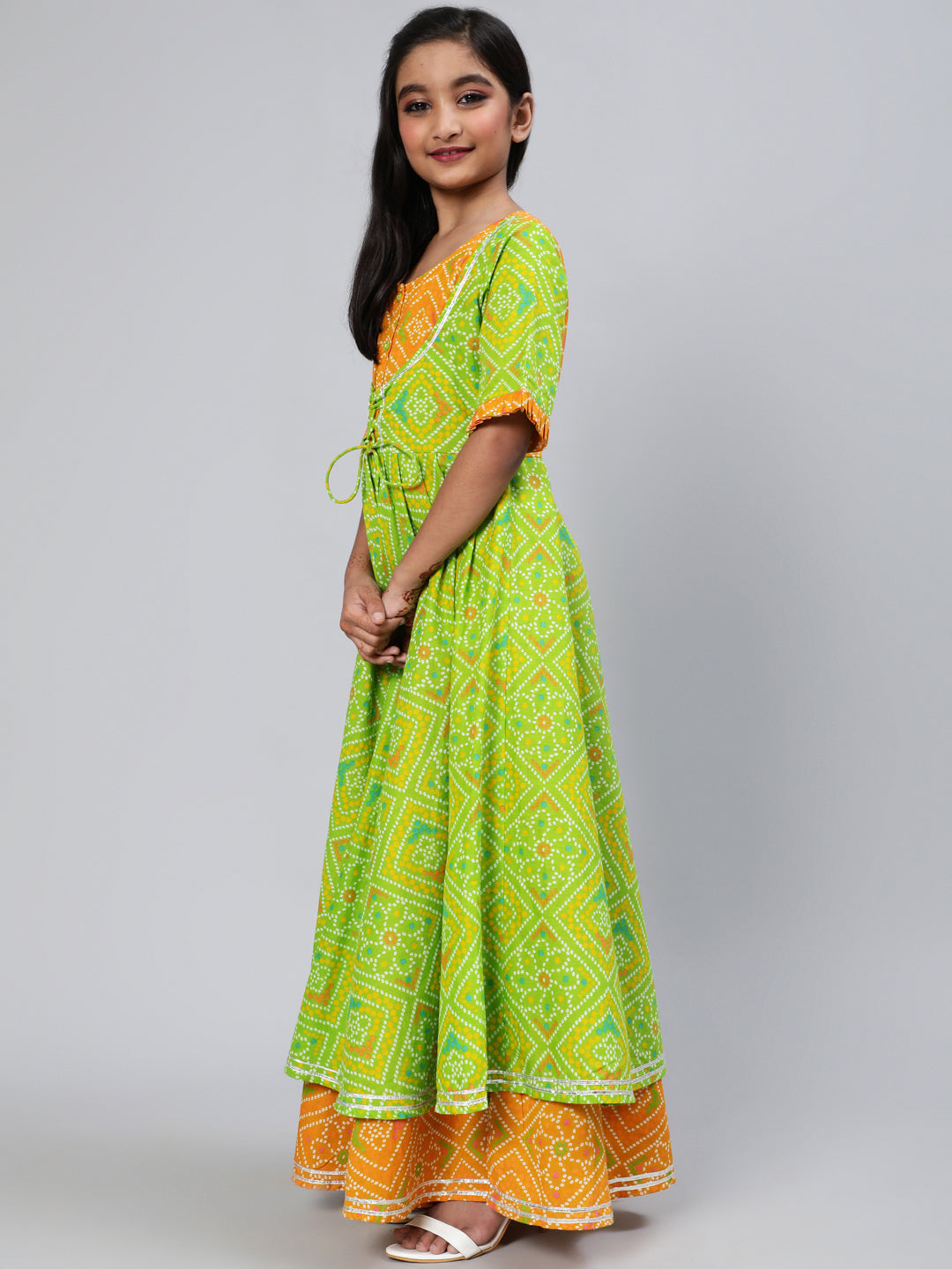Girl's Green Bandhani Print Double Layered Maxi Dress - Aks Girls