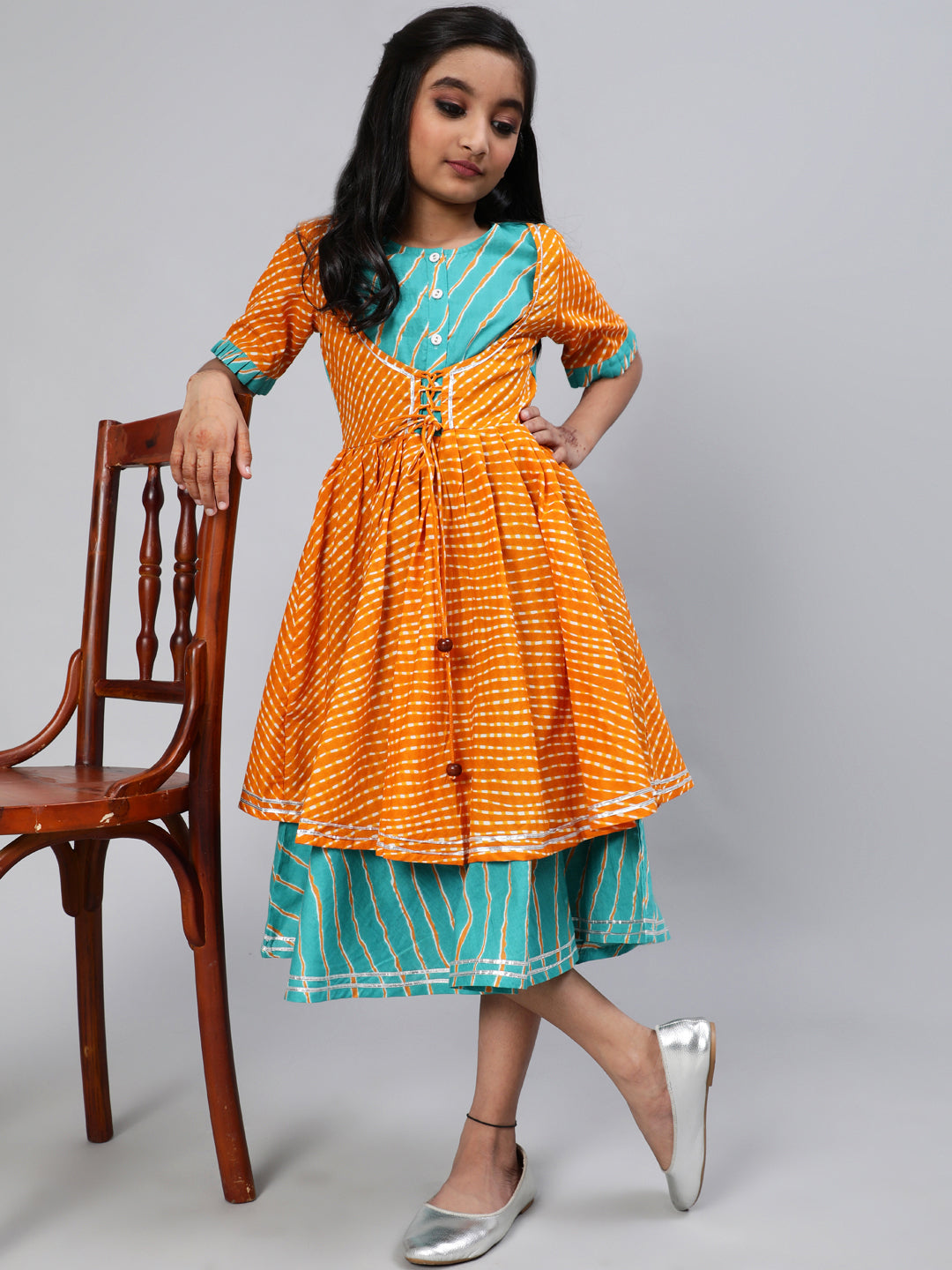 Girl's Mustard & Blue Leheriya Print Layered Dress