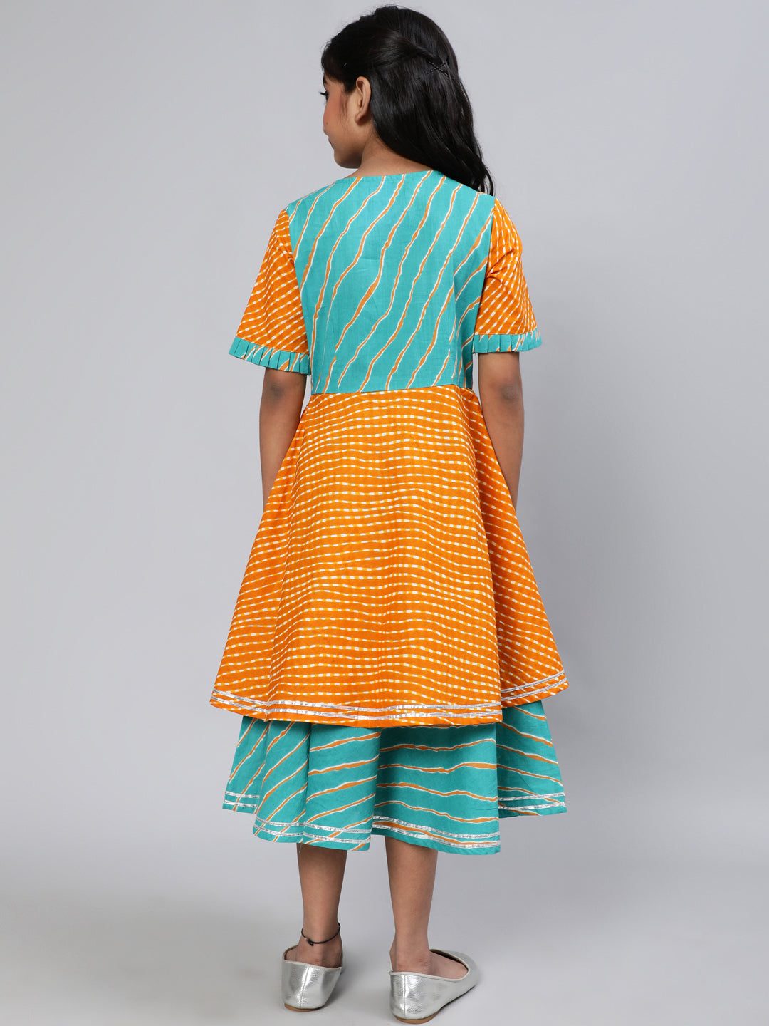 Girl's Mustard & Blue Leheriya Print Layered Dress - Aks Girls