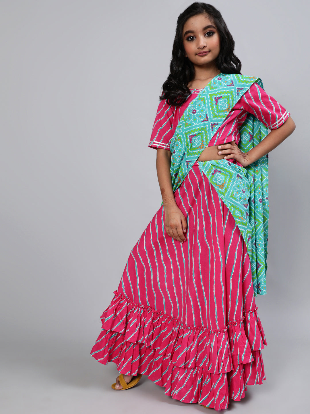 Girl's Pink Bandhani Print Saree - Aks Girls