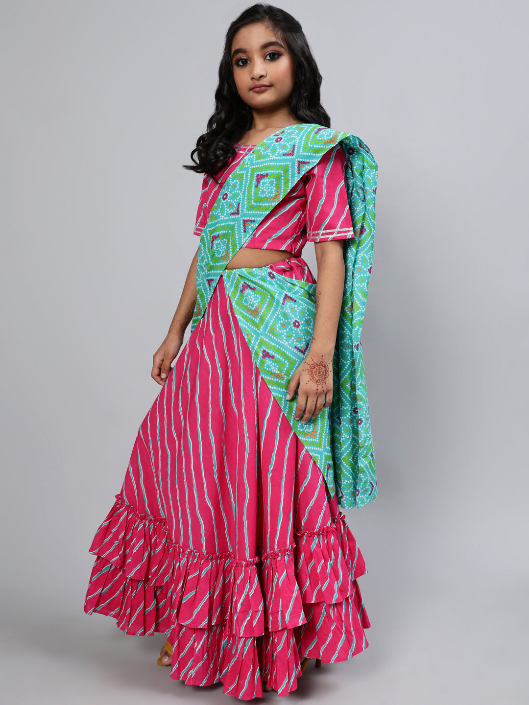 Girl's Pink Bandhani Print Saree - Aks Girls
