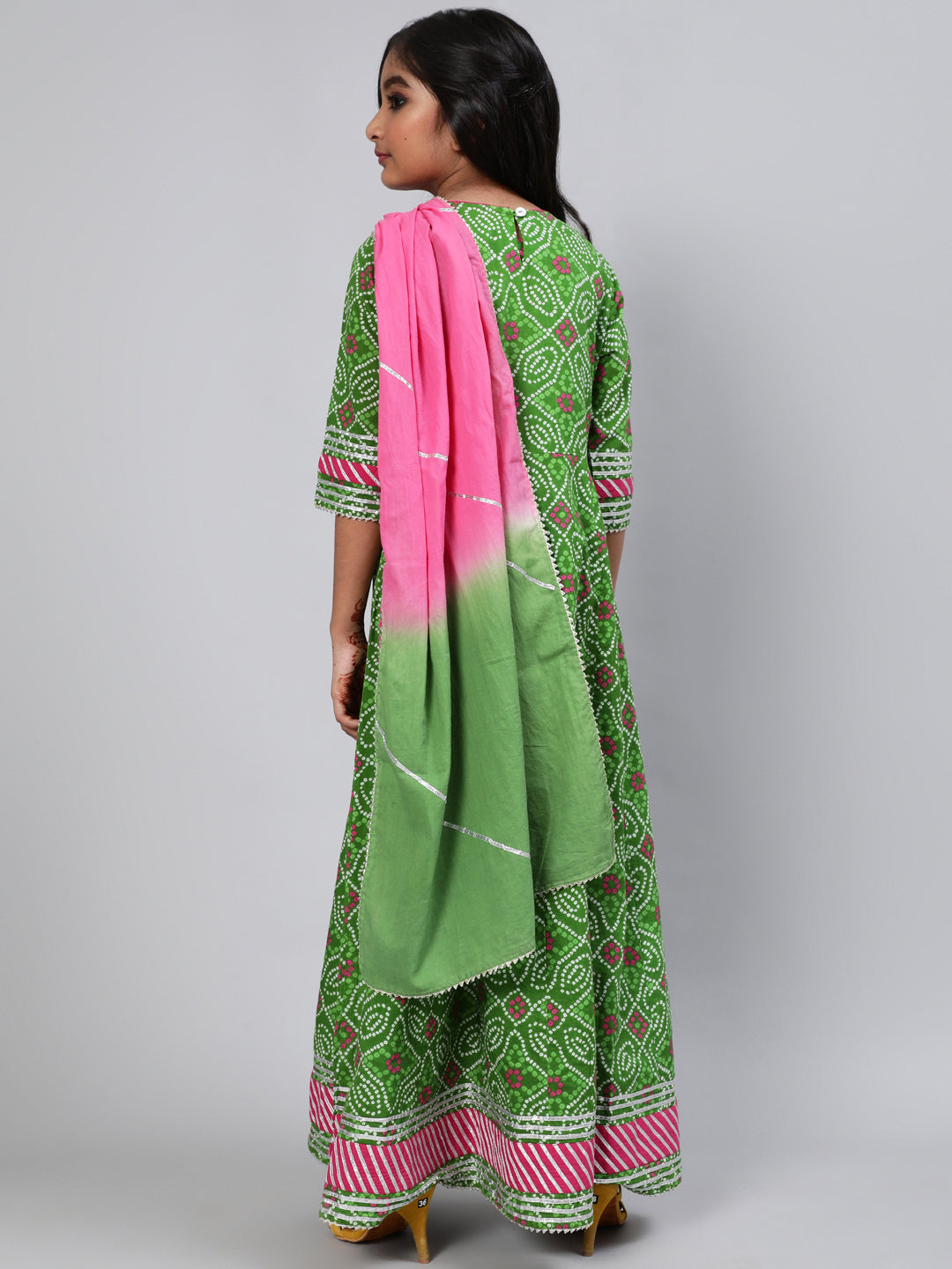 Girl's Green Bandhani Print Flared Dress With Dupatta - Aks Girls