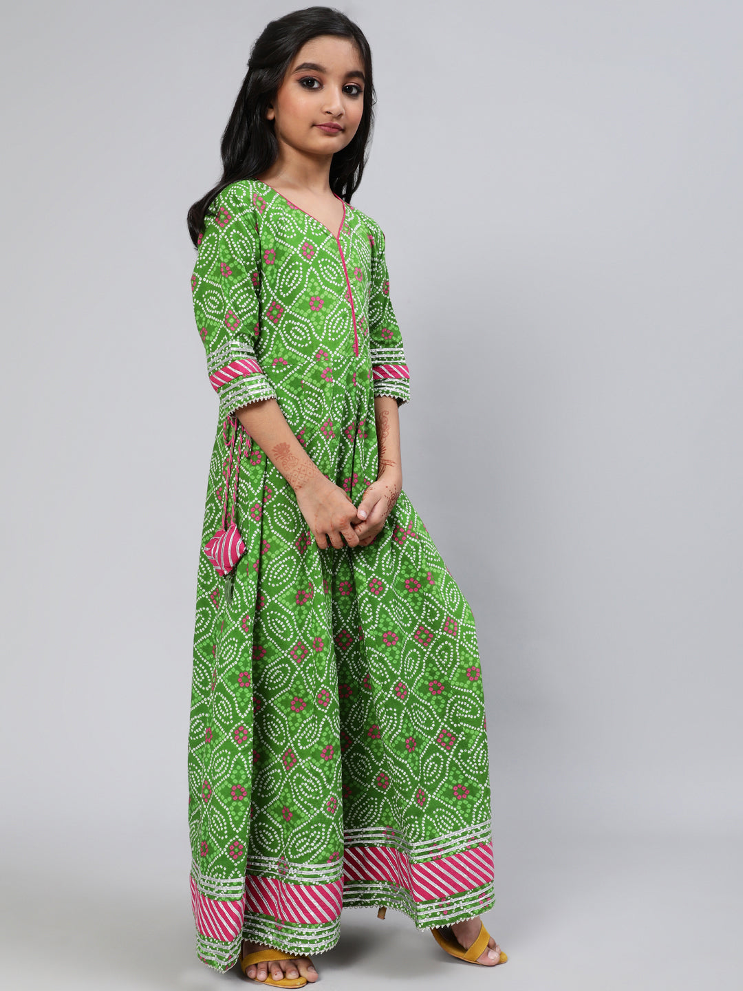 Girl's Green Bandhani Print Flared Dress With Dupatta - Aks Girls