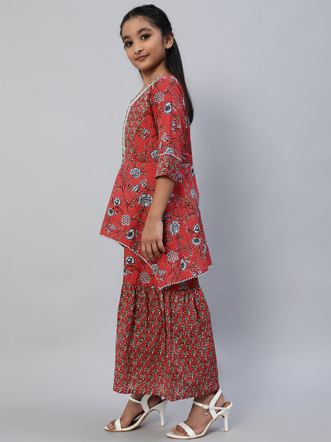 Girl's Red Floral Print Jumpsuit - Aks Girls