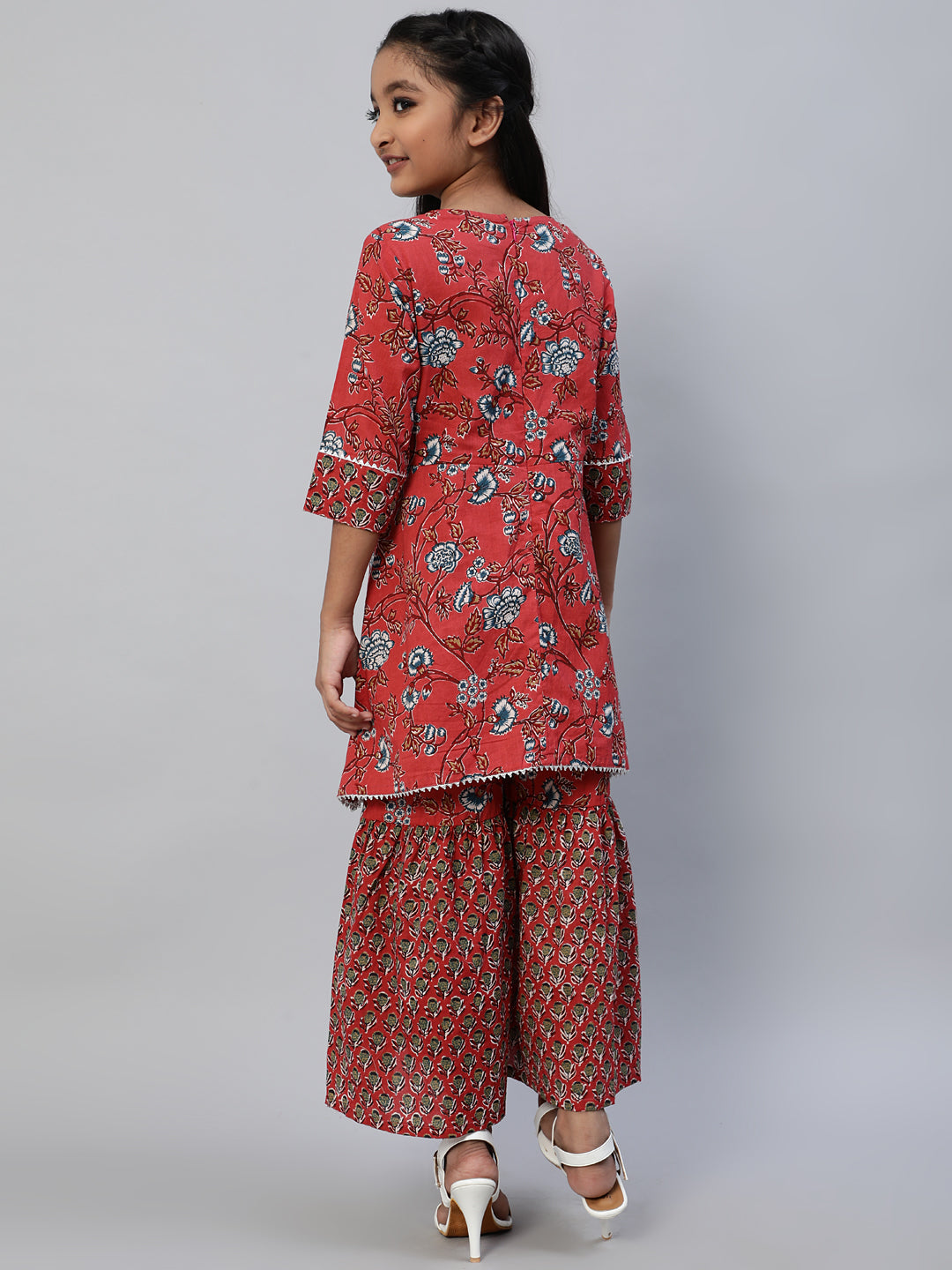 Girl's Red Floral Print Jumpsuit - Aks Girls