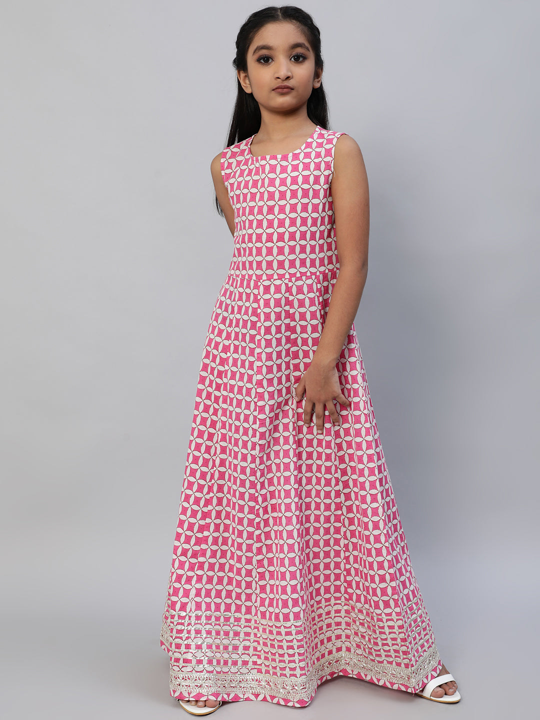 Girl's Pink Floral Print Maxi Dress With Jacket - Aks Girls