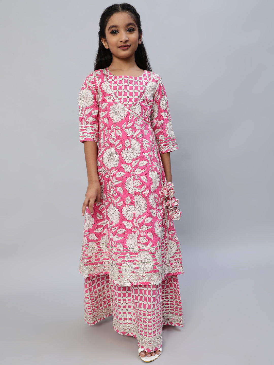 Girl's Pink Floral Print Maxi Dress With Jacket - Aks Girls