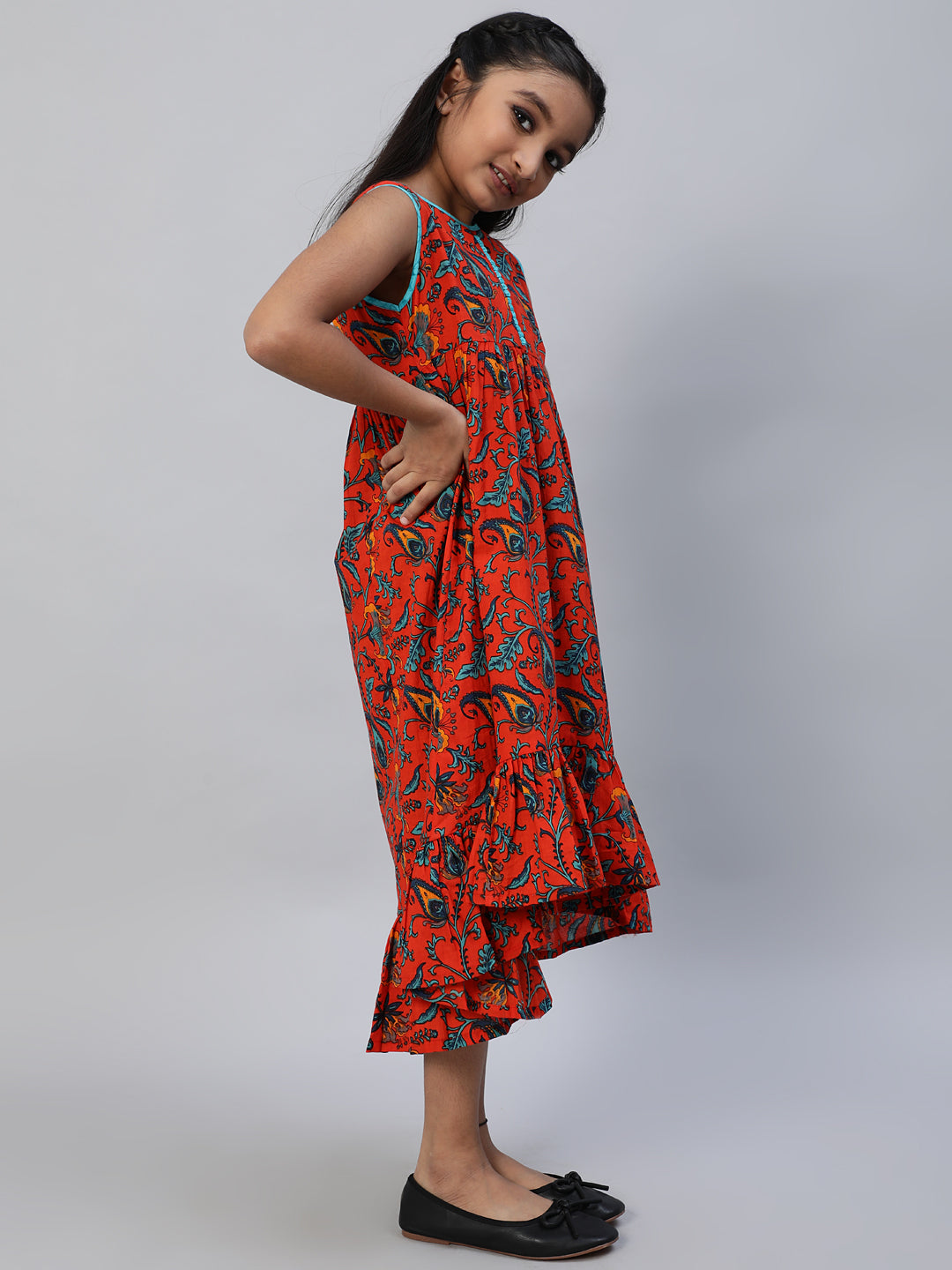 Girl's Red Floral Print A-Line Dress - Aks Girls