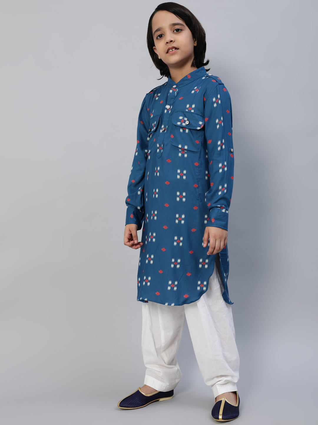 Boy's Blue Printed Pathani Kurta - Aks Boys