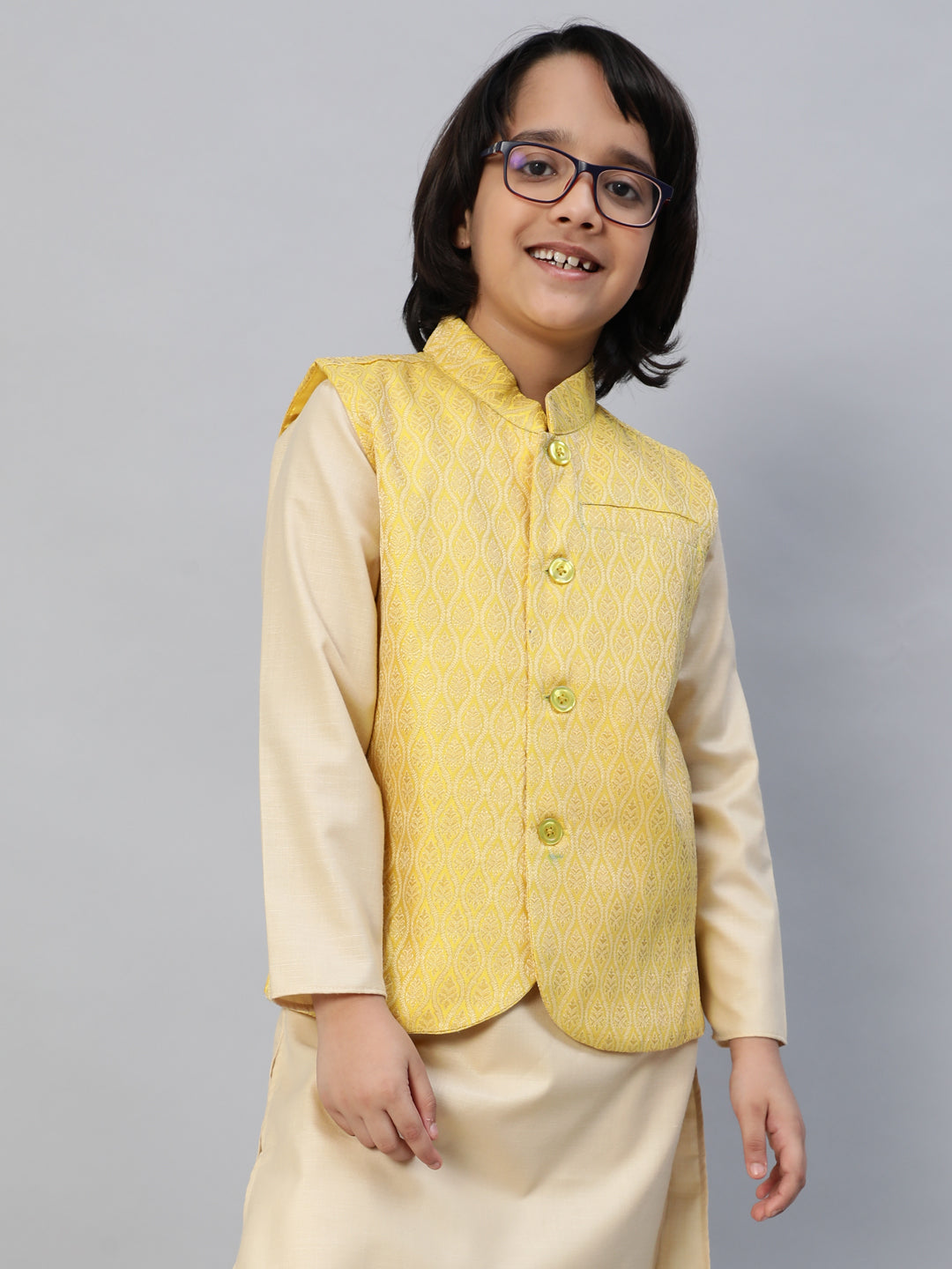 Boy's Yellow Brocade Nehru Jacket - Aks Boys