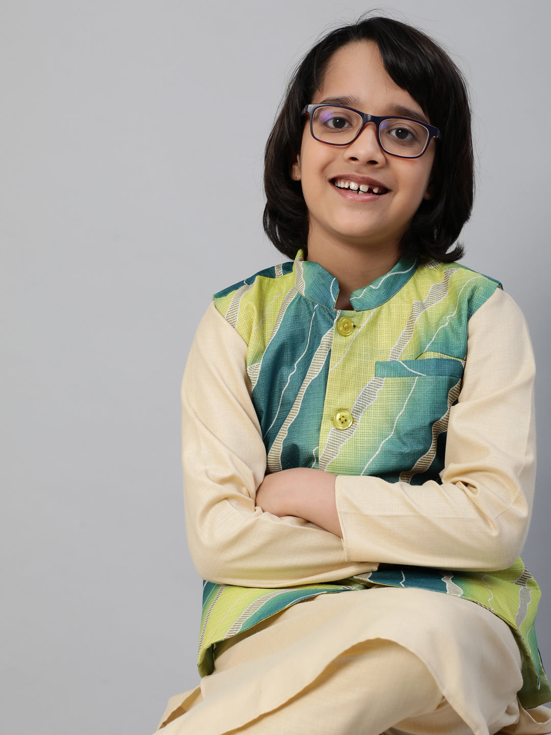 Boy's Green Leheriya Print Nehru Jacket - Aks Boys