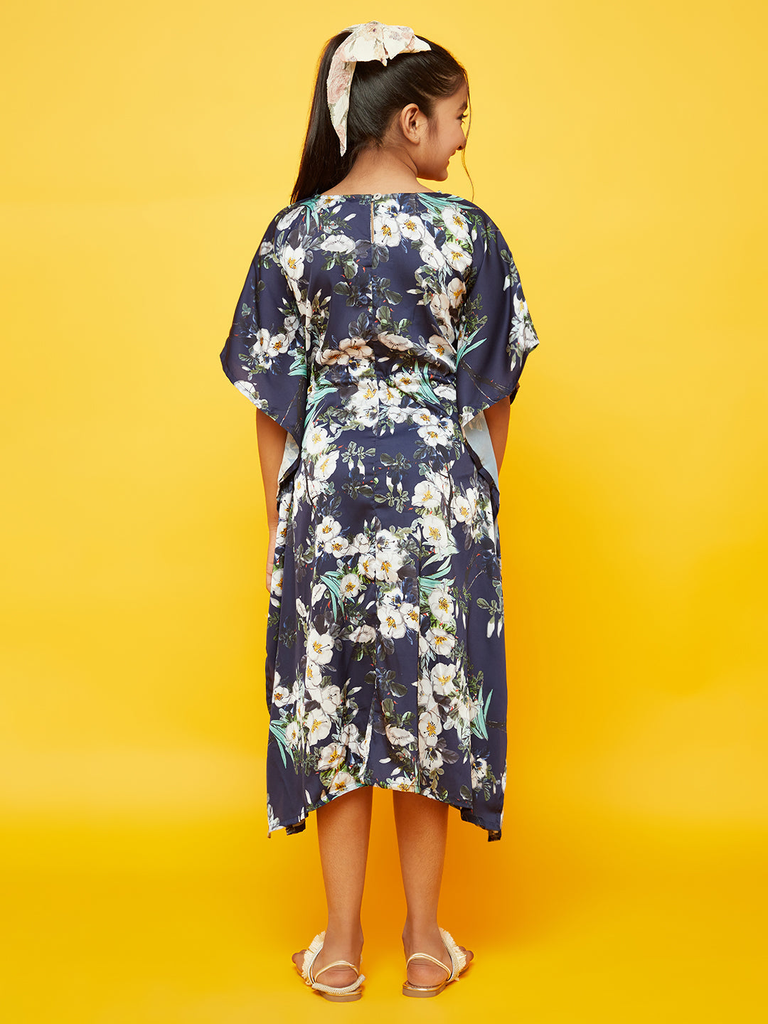 Girl's Navy Blue Floral Print Midi Dress - Aks Girls