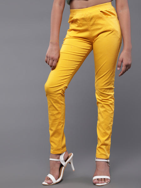 Buy Gold Cotton Solid Cigarette Pants Online in India