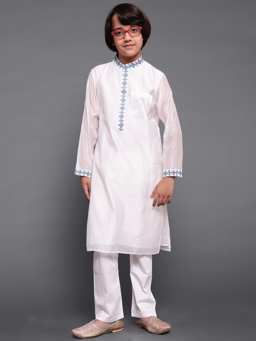 Boy's White Embroidered Long Kurta - Aks Boys