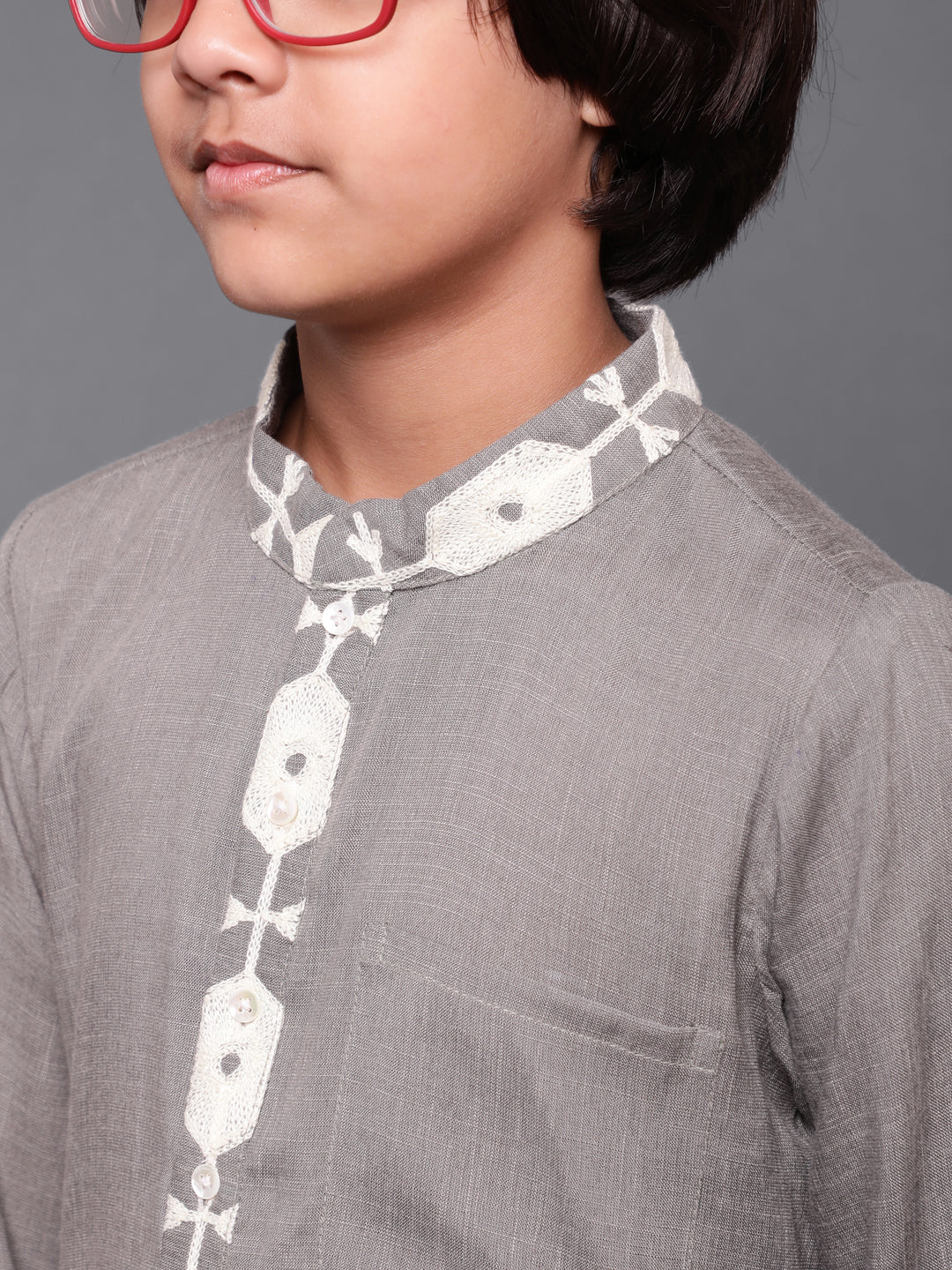 Boy's Grey Embroidered Long Kurta - Aks Boys