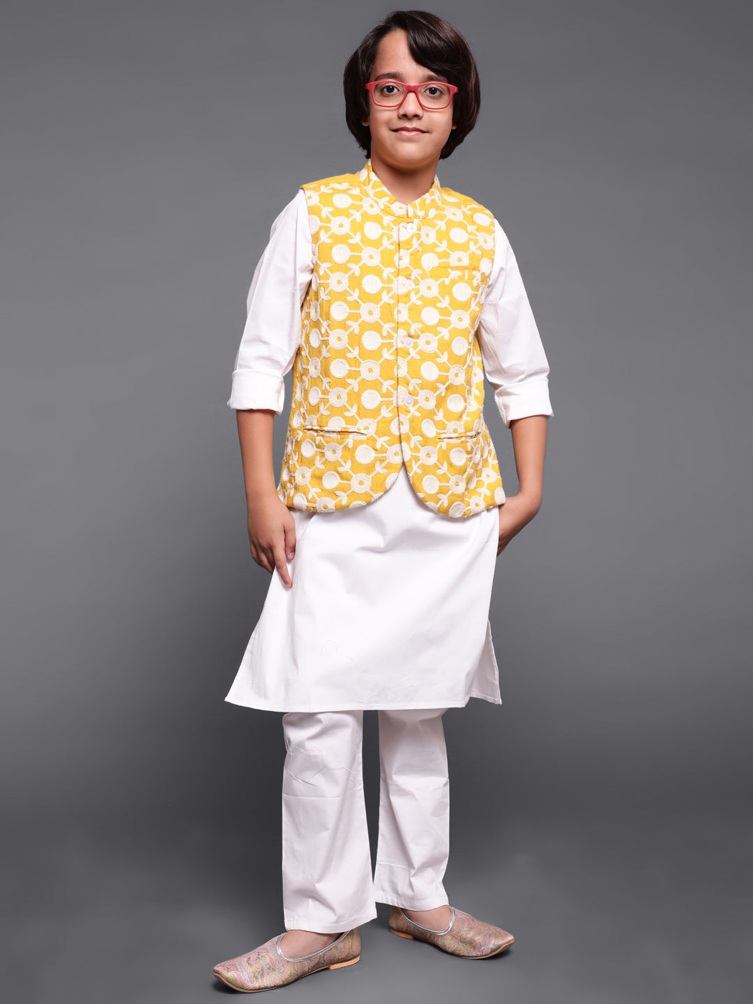Boy's Yellow Embroidered Nehru Jacket - Aks Boys