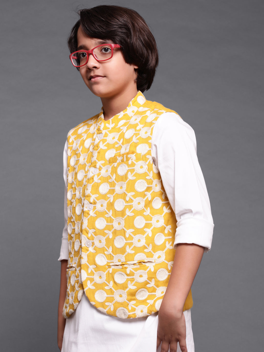 Boy's Yellow Embroidered Nehru Jacket - Aks Boys