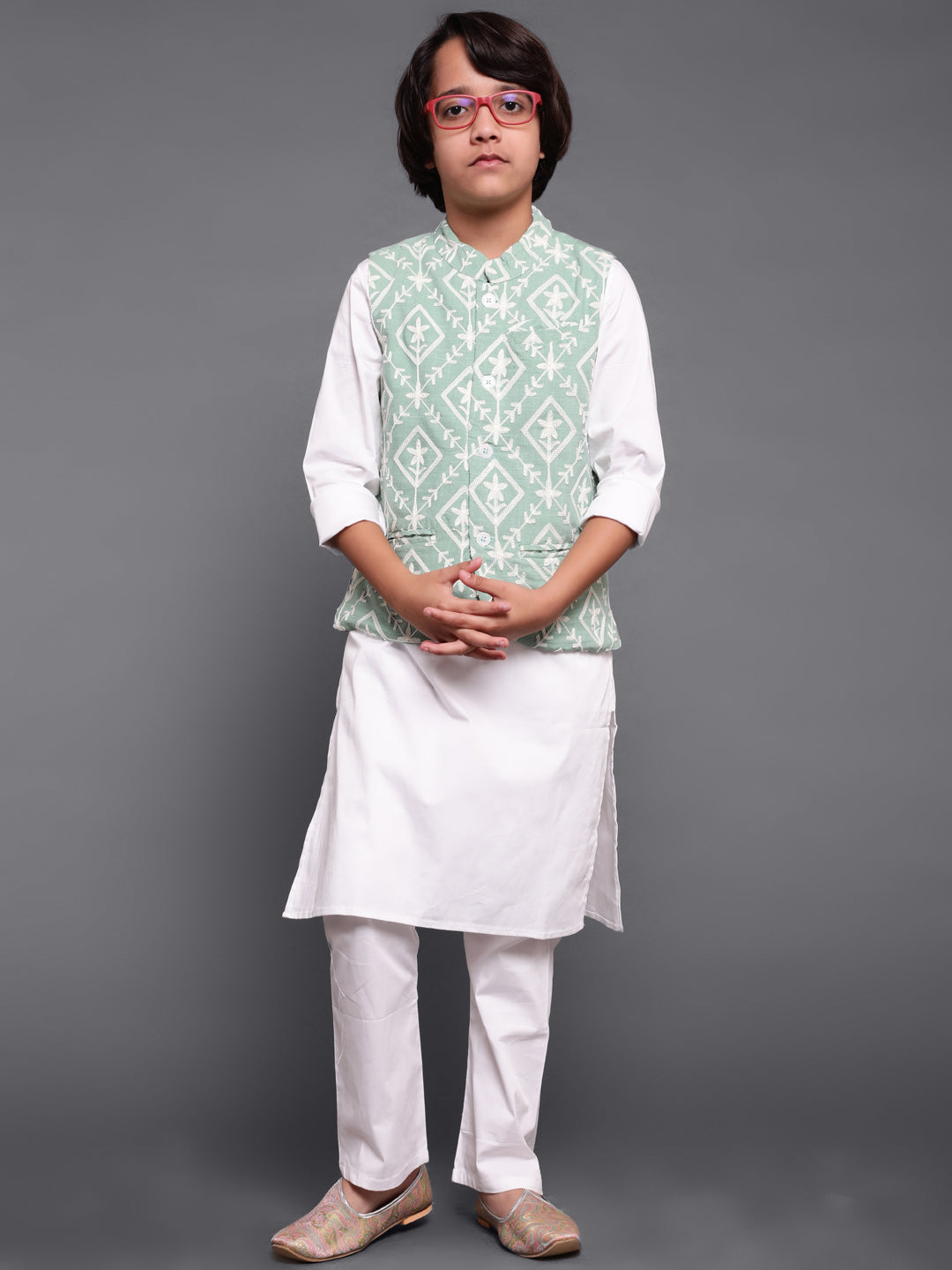 Boy's Green Embroidered Nehru Jacket - Aks Boys