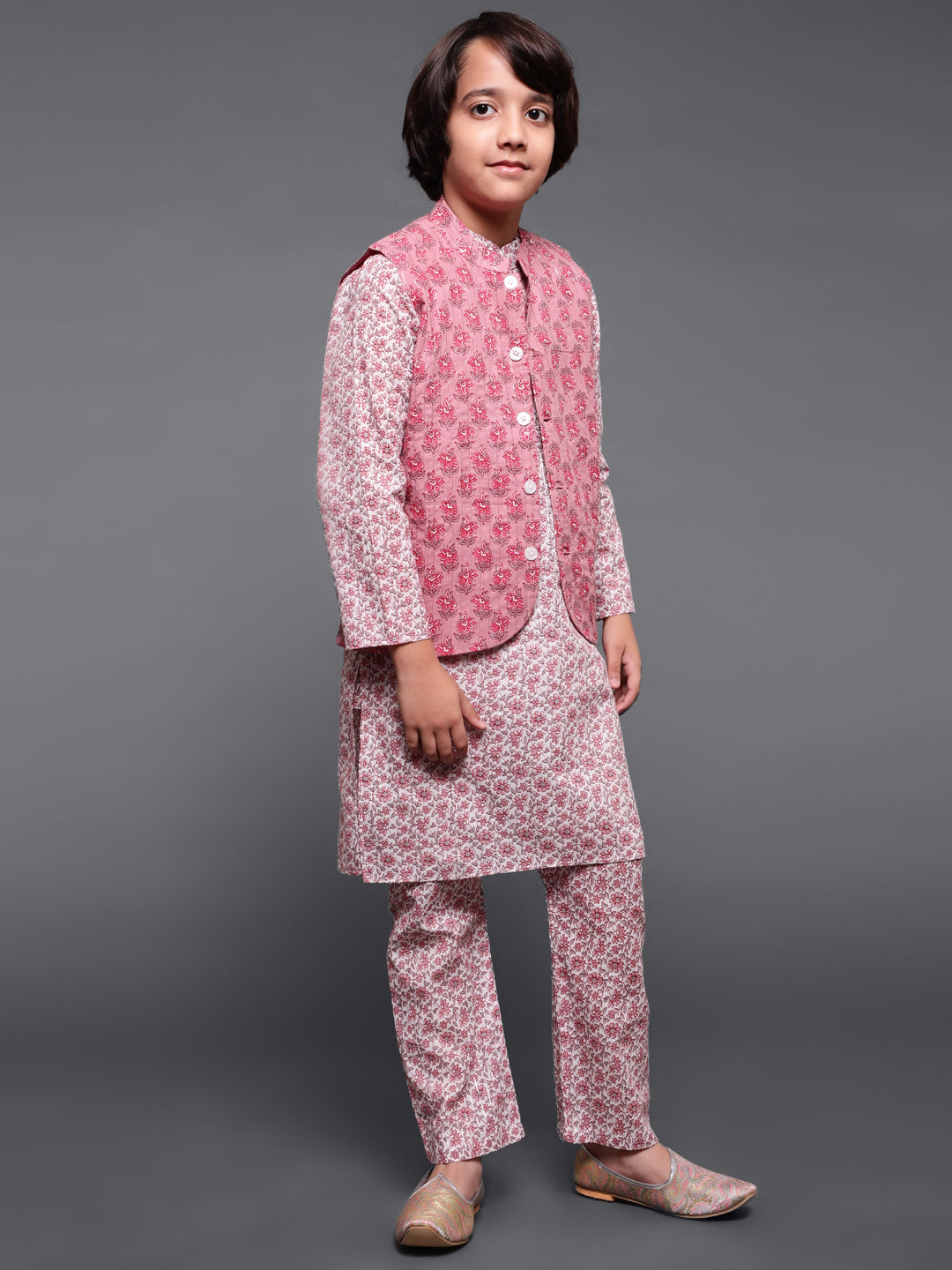 Boy's White & Mauve Floral Print Kurta Pyjama With Nehru Jacket - Aks Boys