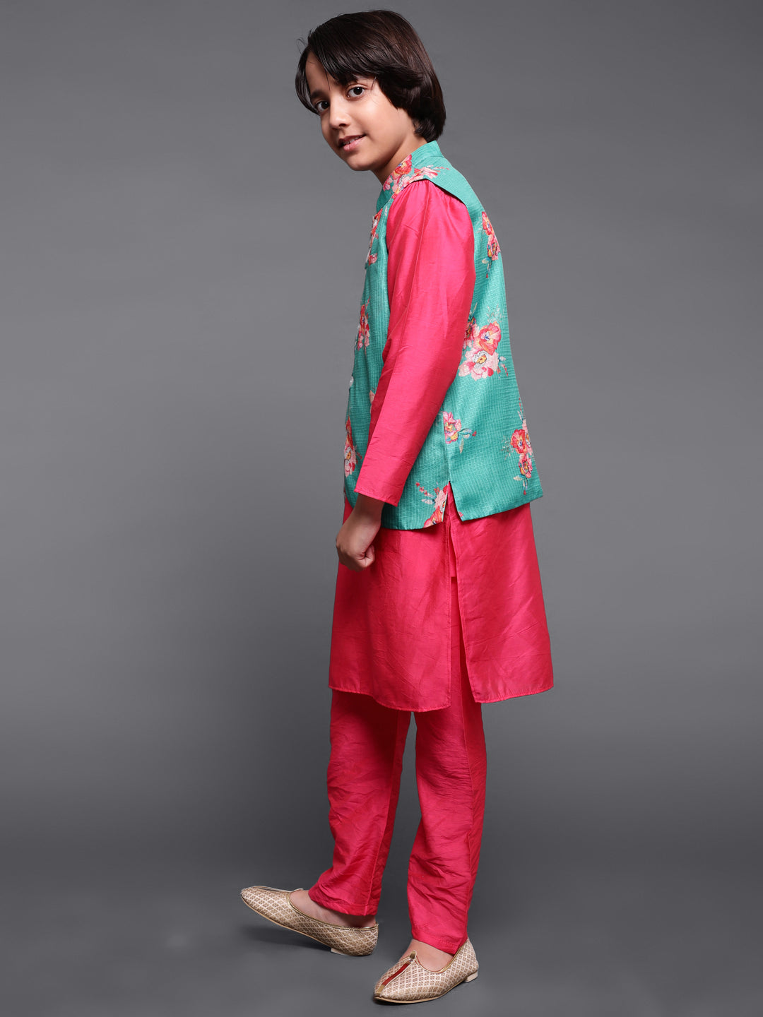 Boy's Pink & Green Floral Print Kurta Pyjama With Nehru Jacket - Aks Boys
