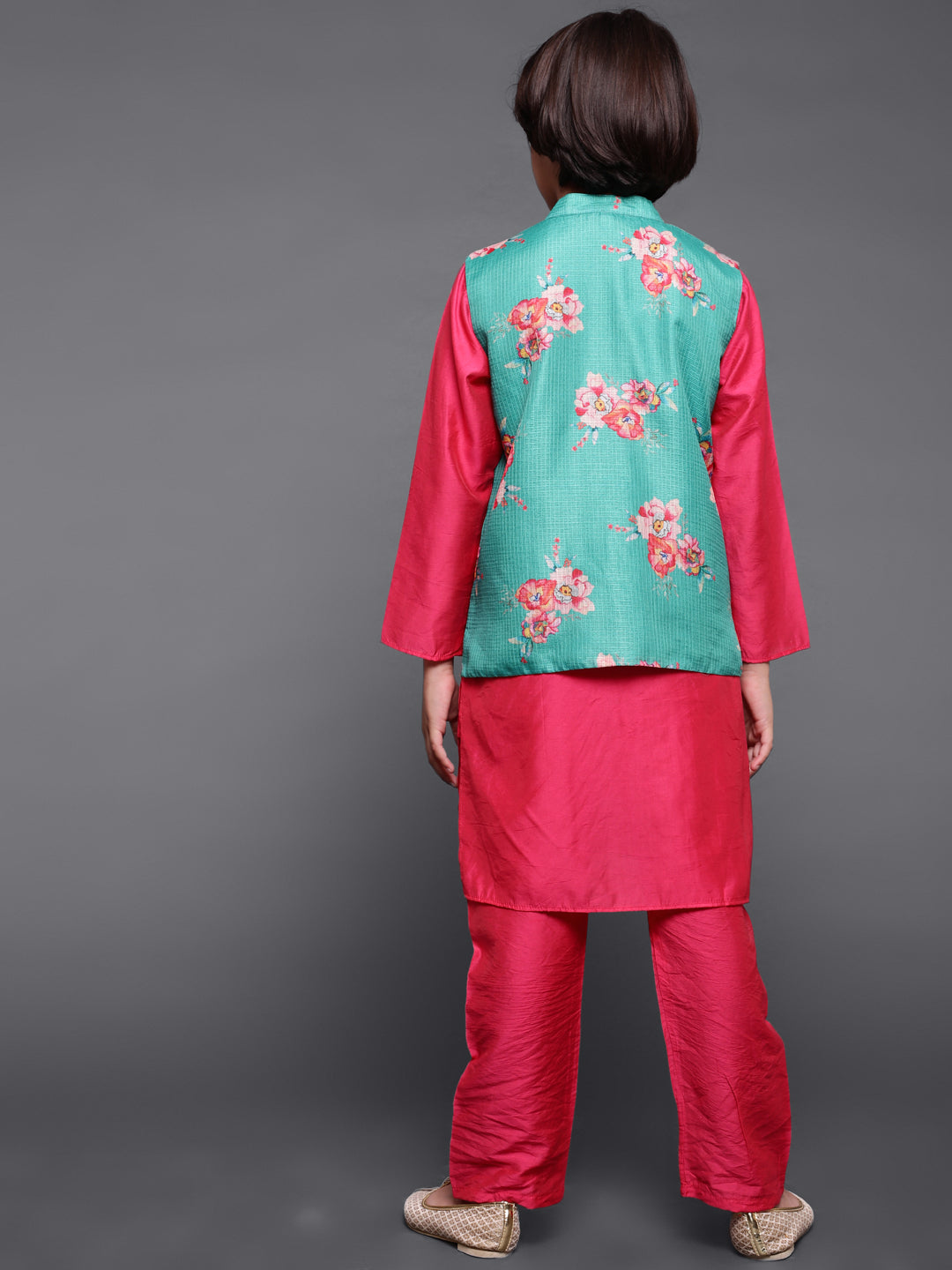 Boy's Pink & Green Floral Print Kurta Pyjama With Nehru Jacket - Aks Boys