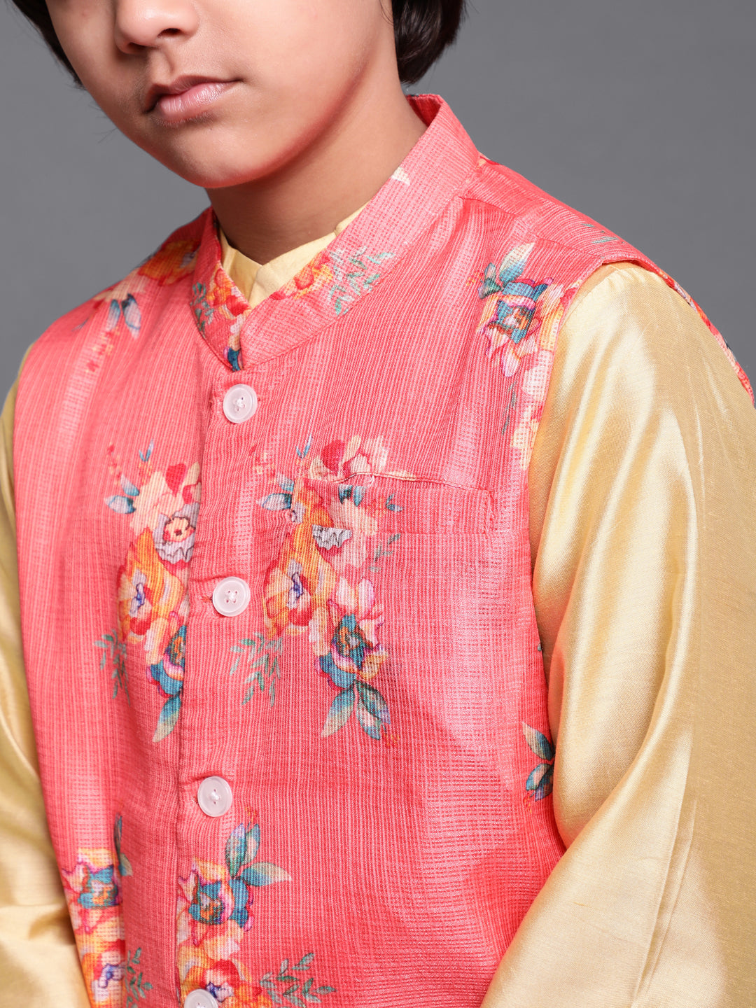 Boy's Cream & Peach Floral Print Kurta Pyjama With Nehru Jacket - Aks Boys