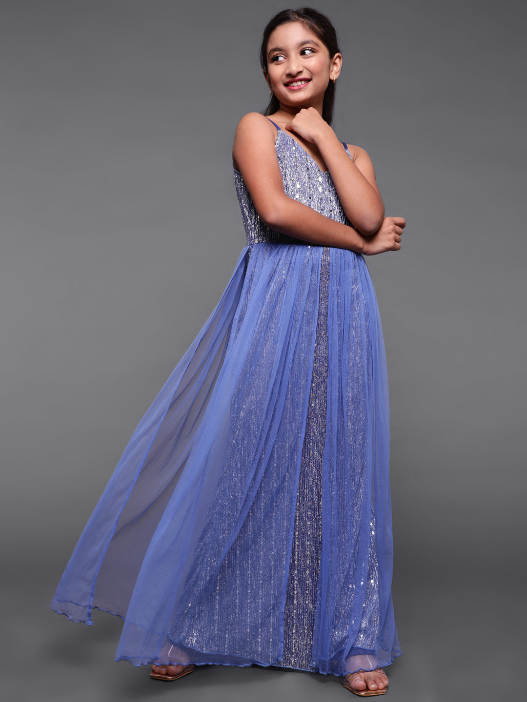 Girl's Royal Blue Embellished Layered Maxi Dress - Aks Girls