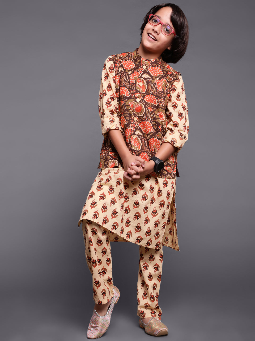 Boy's Brown Floral Print Kurta Pyjama With Nehru Jacket - Aks Boys