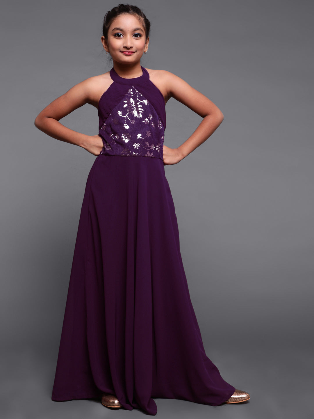 Girl's Purple Sequined Flared Maxi Dress - Aks Girls
