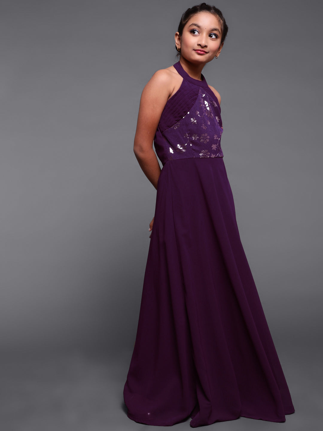 Girl's Purple Sequined Flared Maxi Dress - Aks Girls
