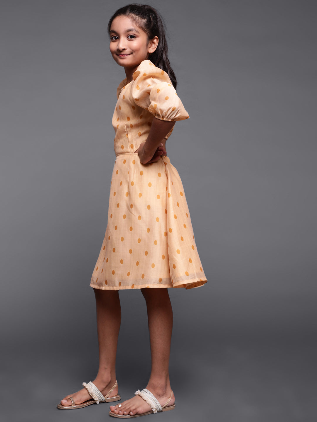 Girl's Cream Polka-Dot Digital Printed Cut-Out Skater Dress - Aks Girls
