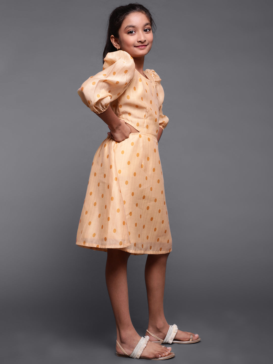 Girl's Cream Polka-Dot Digital Printed Cut-Out Skater Dress - Aks Girls