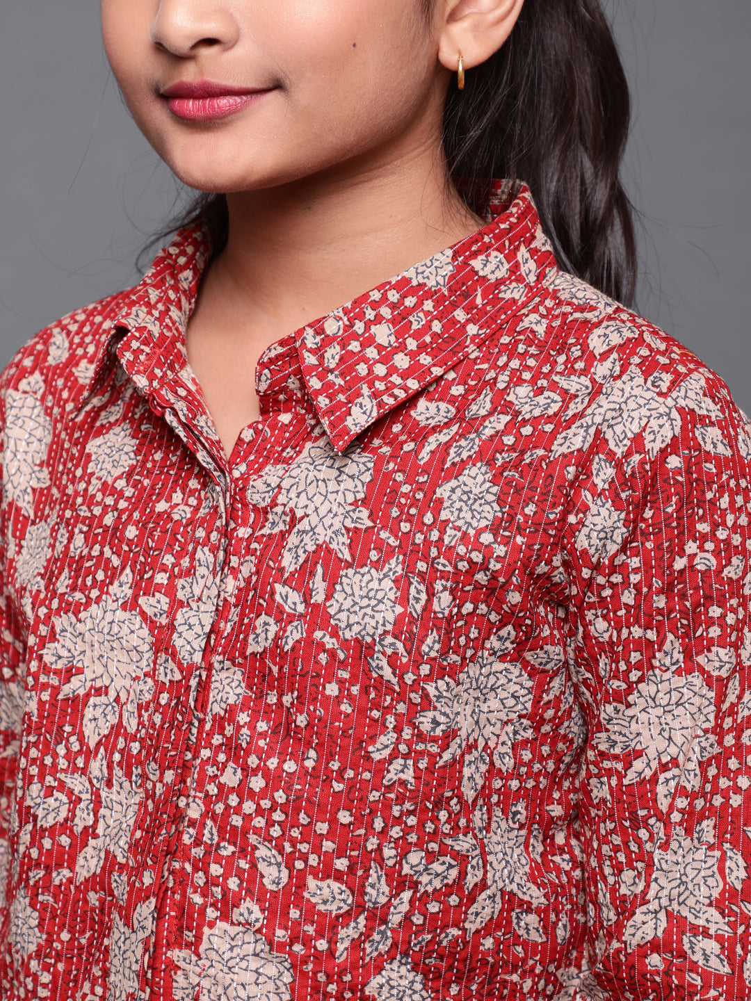 Girl's Red Floral Print Shirt With Palazzo - Aks Girls