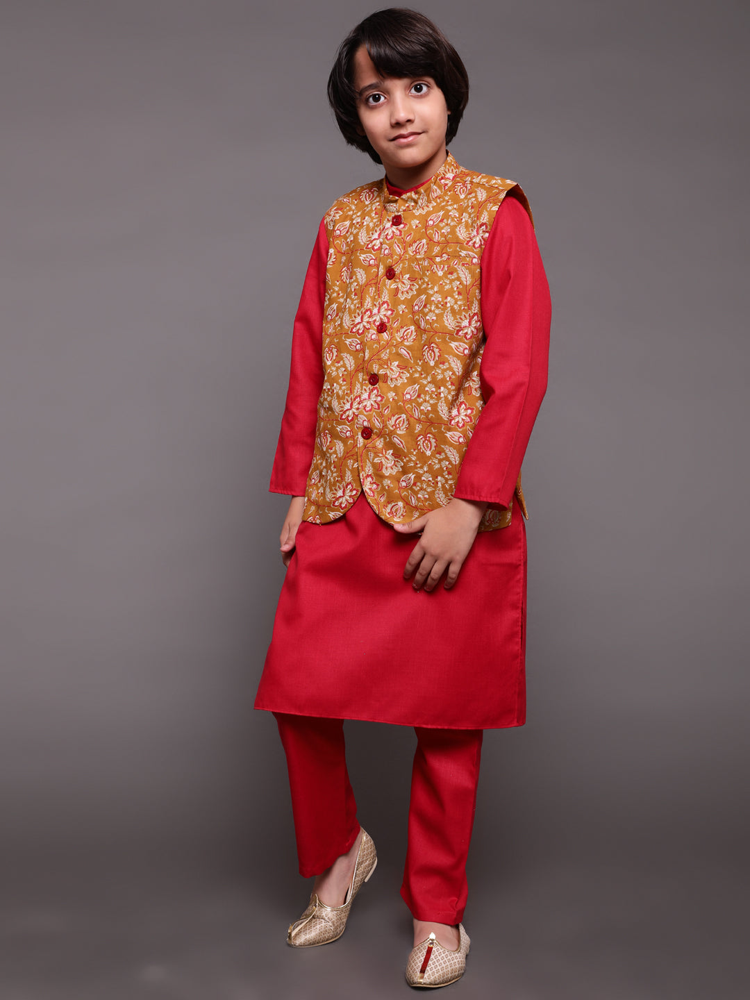 Boy's Red & Mustard Floral Print Kurta Pyjama With Nehru Jacket - Aks Boys