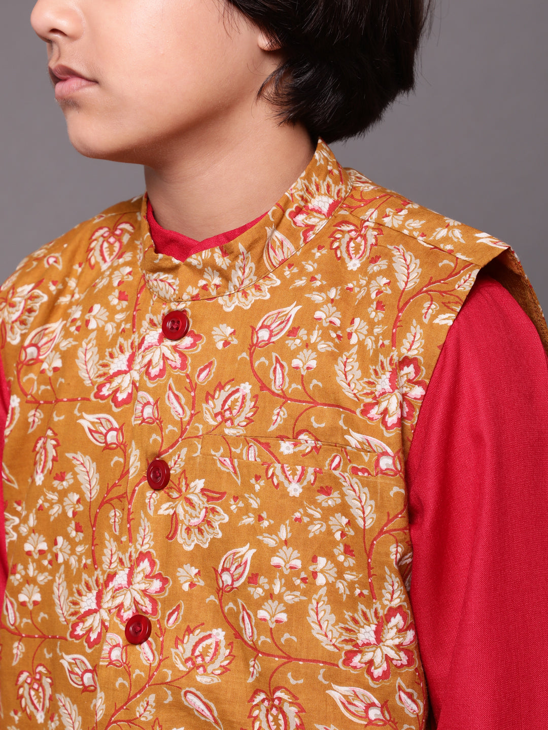 Boy's Red & Mustard Floral Print Kurta Pyjama With Nehru Jacket - Aks Boys