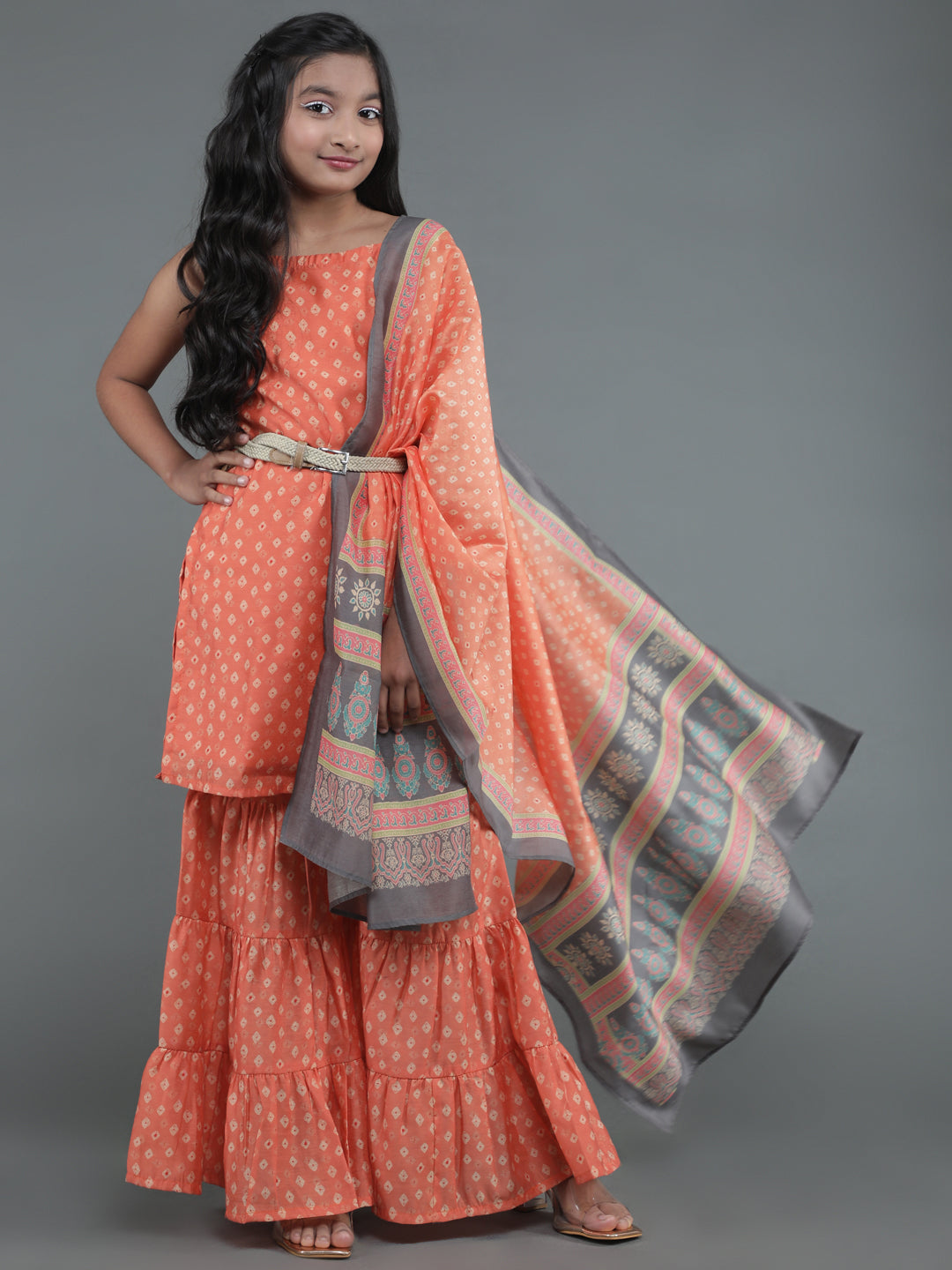 Girl's Orange Micro Print Kurta Sharara With Dupatta - Aks Girls